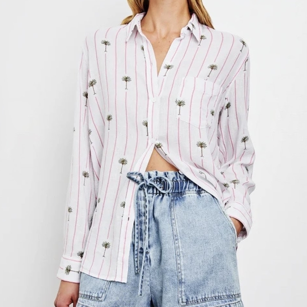 Rails Charli L/S Button Down Linen Shirt In Pink Palm Tree Stripe Size Small EUC - Picture 5 of 10